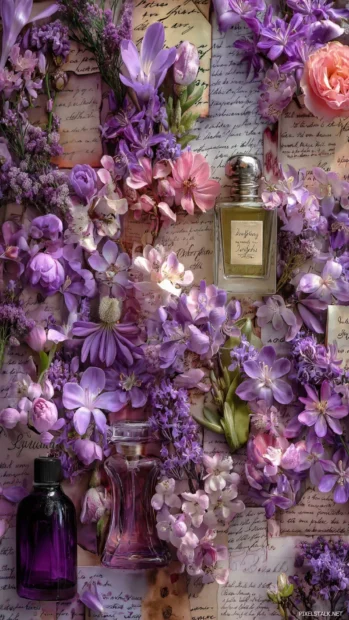 Vertical lavender collage of flowers, perfume bottles and handwritten letters.