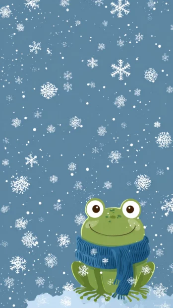 Vertical layout of Froggy in a winter scarf surrounded by floating snowflakes, clean vector look.