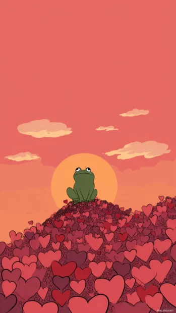 Vertical layout of an Aesthetic Frog sitting quietly on a hill of hearts, sunset gradient in cartoon style.