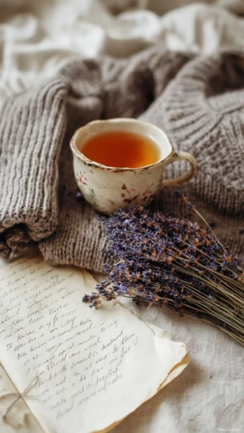 Vertical layout with aesthetic lavender tea, cozy sweater and handwritten poetry.