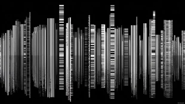 Vertical lines and blocks in a Black and White Geometric rhythm creating a barcode inspired effect.