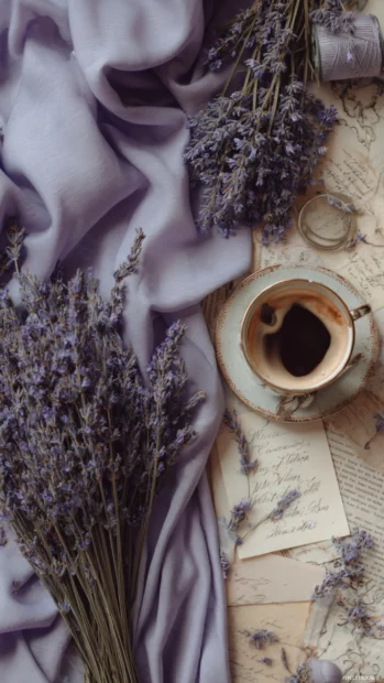 Vertical mood board with lavender fabric, iced coffee and pastel quotes in vintage style.