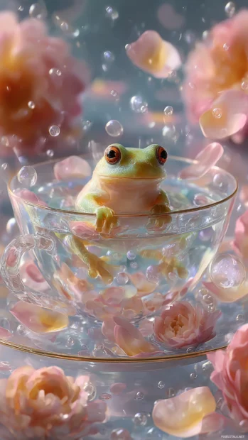 Vertical portrait of a Cute Frog in a bubble bath inside a teacup, surrounded by floating petals and light mist.