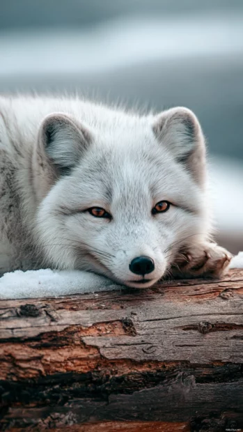Vertical portrait of an Arctic Fox resting on a frozen log, minimalist scene with soft snow and blur.