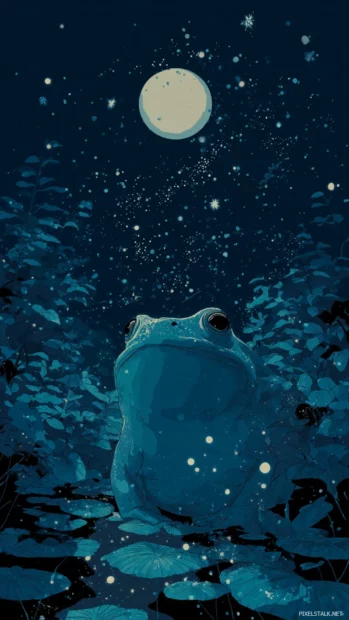 Vertical poster style design with a dreamy Aesthetic Frog gazing at the moon, surrounded by twinkling stars.