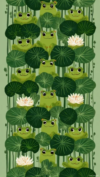 Vertical repeating pattern with Froggy faces and leaf motifs on a soft green background.