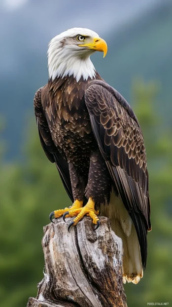 Vertical shot of a Bald Eagle perched on a weathered log.