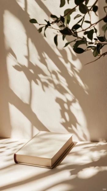 Vertical shot of aesthetic book in front of a soft beige wall with dreamy shadows.