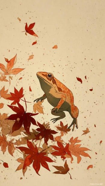 Vertical wallpaper of an Aesthetic Frog dancing with falling autumn leaves, flat warm tones and soft motion lines.