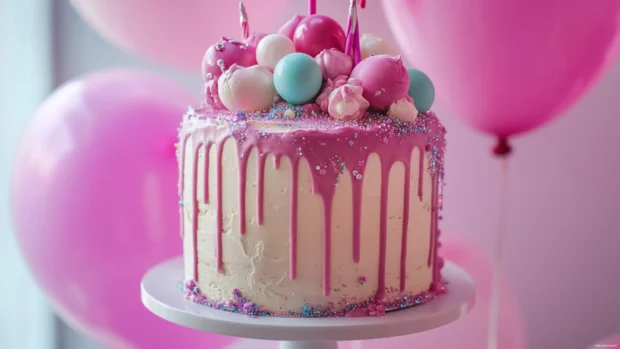 Vibrant Birthday Cake surrounded by balloons and soft sparkles.