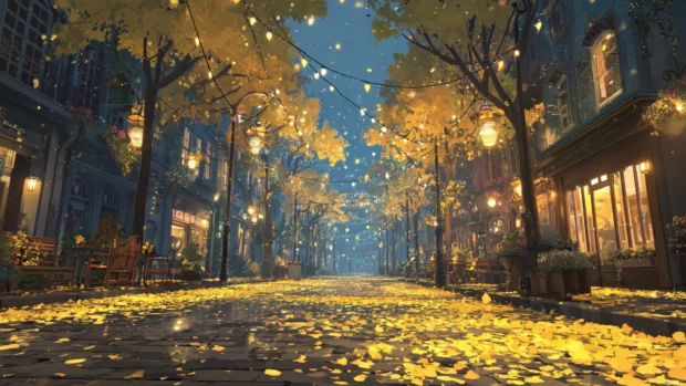 Vibrant Fall vibes with a street covered in bright fallen leaves, soft glowing lights and a cinematic atmosphere.