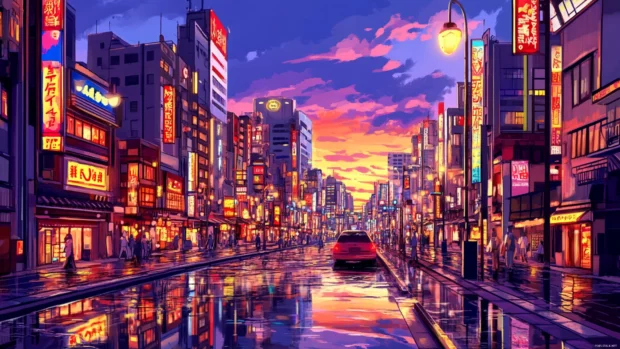 Vibrant Japan cityscape of Tokyo at sunset with neon signs reflecting on wet streets.