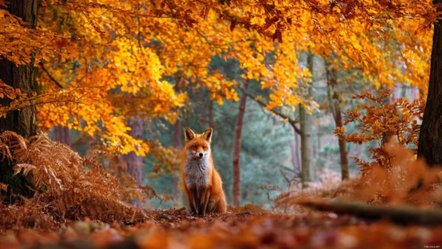 Vibrant autumn foliage encircling a calm red fox in a woodland setting, ideal as a fox desktop wallpaper.
