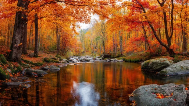 Vibrant fall forest with a peaceful river winding through glowing orange and red trees, perfect for a serene autumn view.