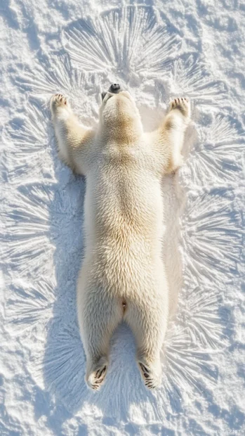 View of a Polar Bear stretching with snow patterns on the ground vertically arranged.