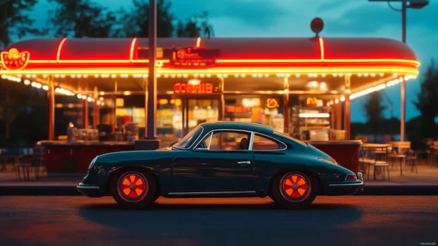 Vintage Porsche at a retro diner parking lot with neon lights glowing and a nostalgic mood.
