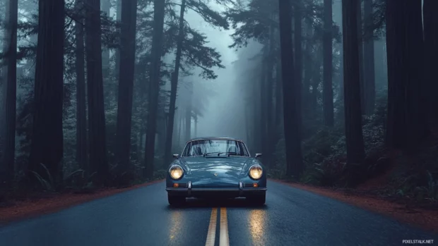 Vintage Porsche driving through a misty forest road surrounded by towering pine trees.