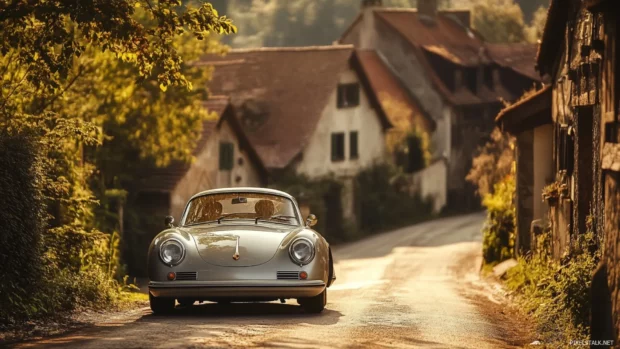 Vintage Porsche driving through a small countryside village with rustic houses and narrow lanes.