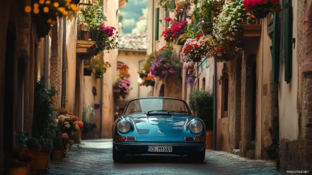 Vintage Porsche driving through narrow European streets with balconies and hanging flowers.