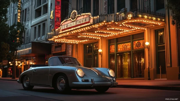 Vintage Porsche in an urban setting parked by an art deco theater glowing under evening lights.
