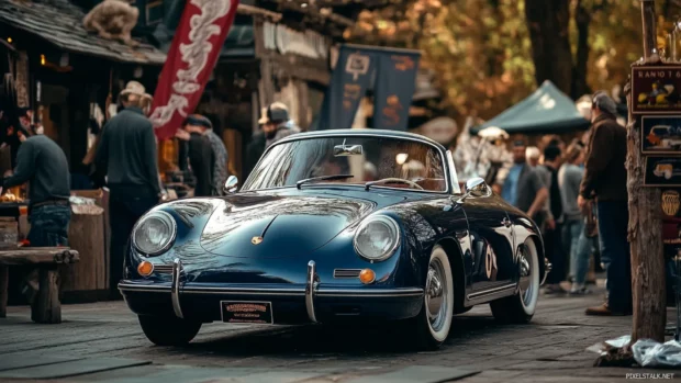 Vintage Porsche on display at a classic car show surrounded by onlookers and old banners.