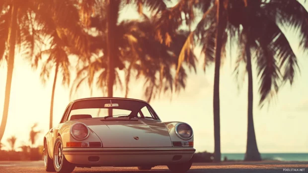 Vintage Porsche parked beside a row of palm trees swaying gently under soft vintage tones.