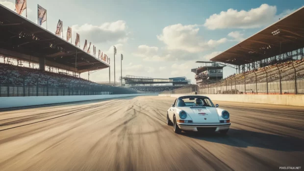 Vintage Porsche racing past an old racetrack with faded banners and classic crowd stands.