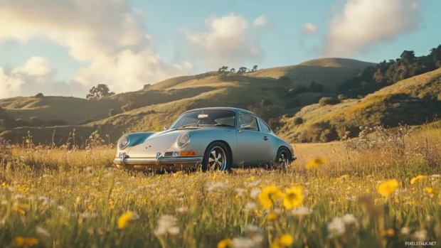 Vintage Porsche set against a backdrop of rolling hills and wildflowers captured in a timeless scene.