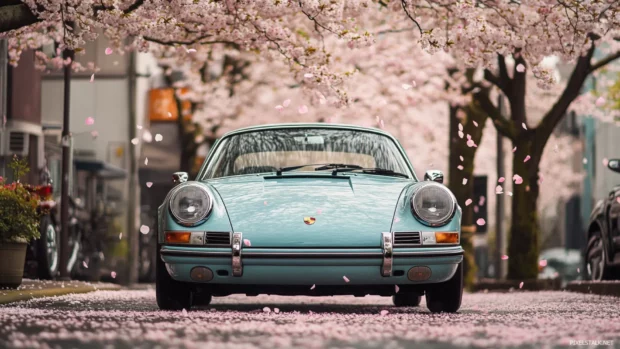 Vintage Porsche under a canopy of cherry blossoms with petals falling gently onto the hood.