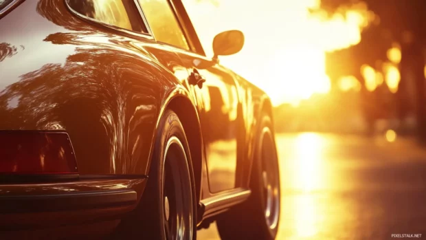 Vintage Porsche wallpaper showcasing a classic 911 under golden sunset light with detailed reflections.