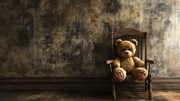Vintage bear wallpaper depicting a classic teddy bear sitting on an old wooden chair in a rustic room.