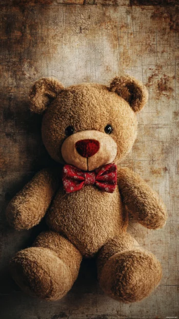 Vintage bear wallpaper for iPhone depicting an old fashioned teddy bear with a bow tie on a textured background.