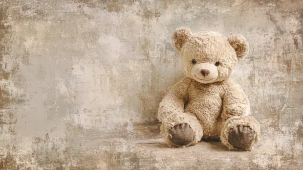 Vintage bear wallpaper illustrating a classic teddy bear on a faded paper texture with soft muted tones.