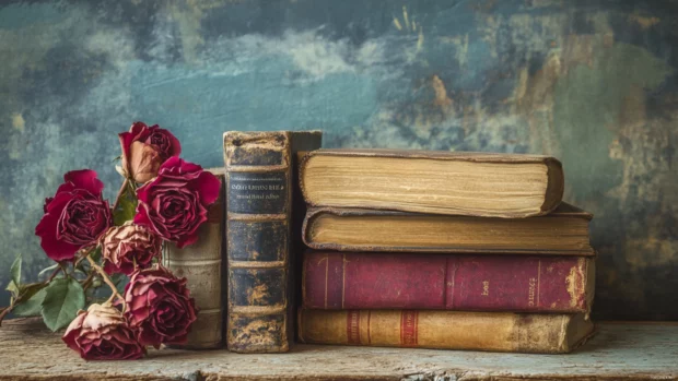 Vintage book lover wallpaper showing old hardcovers stacked beside dried roses on a rustic table.