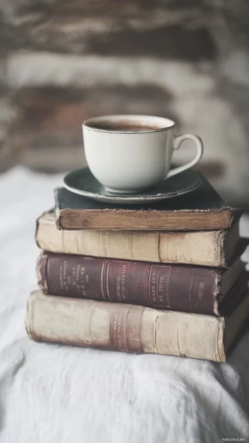 Vintage book stack beside a coffee cup, designed for book iPhone wallpaper.