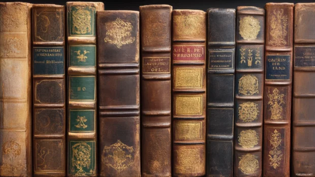 Vintage book wallpaper featuring worn leather covers, golden spines, and antique illustrations.