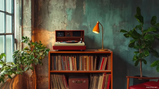 Vintage bookshelf beside a record player and retro lamp in a nostalgic corner.