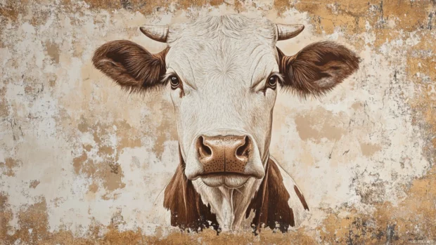 Vintage cow print wallpaper with faded brown tones and rustic textures, capturing a farmhouse charm for a cozy interior.