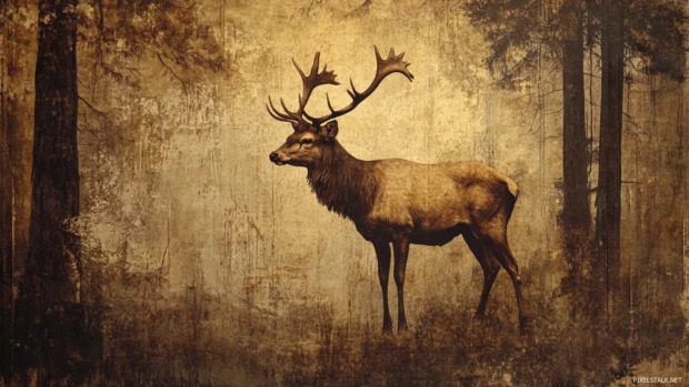 Vintage deer wallpaper showing an old forest painting style with textured brush strokes and classic lighting.