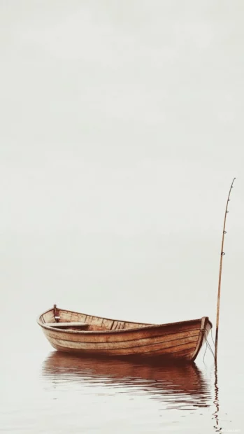 Vintage fishing iPhone wallpaper in soft muted tones showing a classic wooden boat and cane rod.