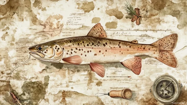 Vintage fly fishing wallpaper styled like an old field guide illustration with earth tones and watercolor texture.