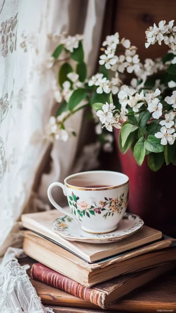 Vintage glasses and floral mugs beside a gentle book lover read.