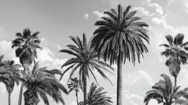 Vintage inspired black and white palm tree scene with soft grain and classic contrast.