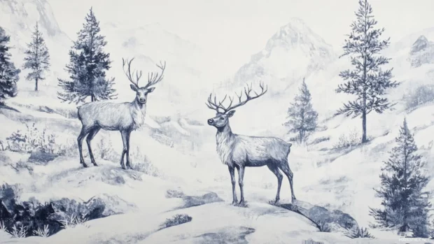 Vintage reindeer wallpaper painted in soft brush strokes, capturing a classic holiday scene.