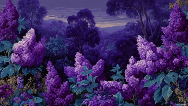 Violet lavender wallpaper design depicting rich purple clusters set against deep violet dusk landscape.