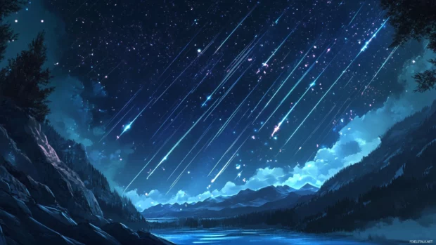 Vivid meteor shower streaking across the night sky wallpaper 2560x1440 over a mountain backdrop.