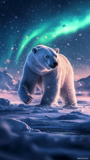 Walking across an icy Arctic landscape, a polar bear glows beneath the aurora, fitting for a polar bear iPhone wallpaper.
