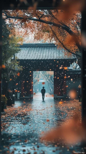 Walking through a Tokyo temple gate surrounded by softly falling autumn leaves.