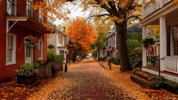 Walking through a quaint street surrounded by Beautiful Fall trees, vibrant leaves carpeting the ground.