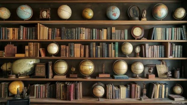 Wall mounted bookshelf filled with old encyclopedias and globes.